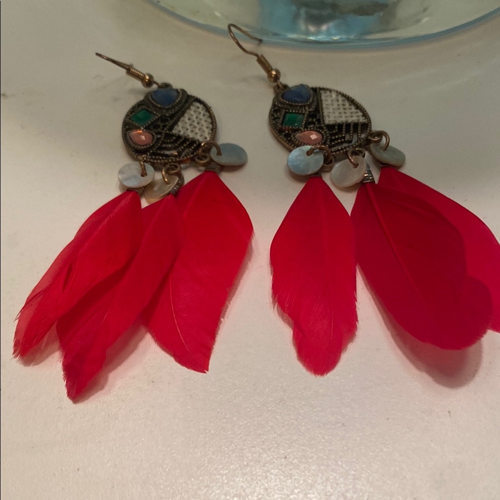 Bold Red Feather Dangle Earrings